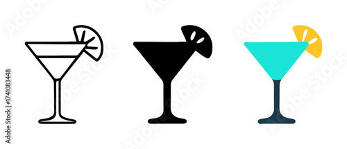 Trio of stylish cocktail icons with citrus garnish in modern flat design
