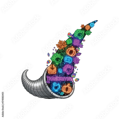Thanksgiving Cornucopia with Neon Icons holiday harvest fall autumn turkey pumpkin leaf food celebration abundance horn of plenty