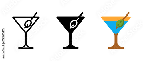 Cocktail glass icons: outline, solid, and colorful designs for bar menus