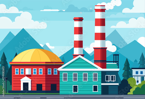 Industrial Landscape with Colorful Buildings and Mountains