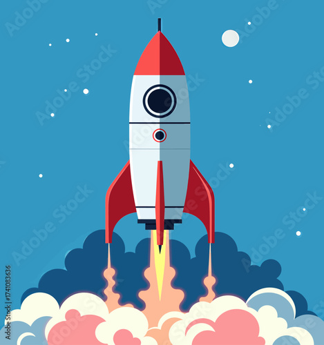 Liftoff Rocket in Space with Clouds and Stars
