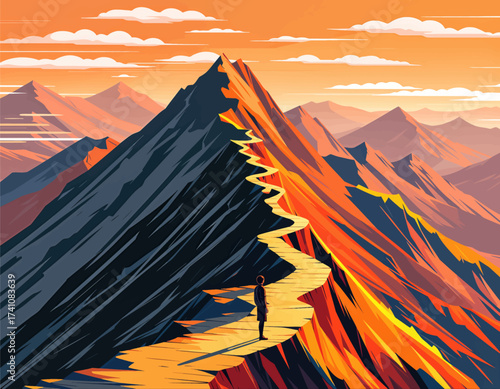 Journey to Peak: Sunset Hiker on Mountain Path