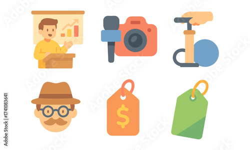 Flat style business and media icon set with presentation and tags