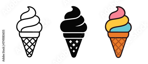 Variety of ice cream cones: outline, solid, and colorful designs