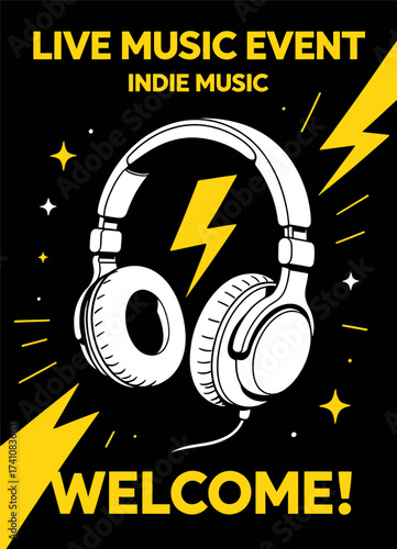 Live Music Event: Indie Music Welcome Poster with Headphones and Lightning