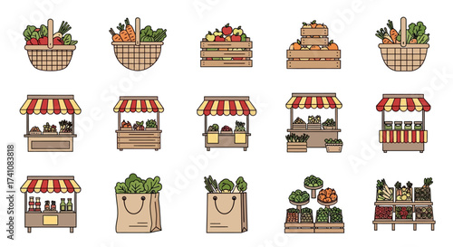 A collection of illustrated market stalls and baskets filled with fresh produce, including fruits and vegetables.