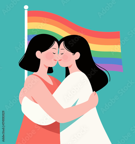 Loving Couple Embracing under Rainbow Flag, Celebrating Pride and Unity