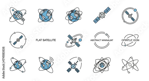 Collection of flat satellite icons with various designs orbiting the Earth, representing technology.