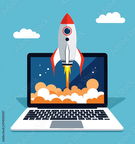 Laptop Launching Rocket into Space with Clouds