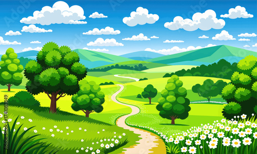Lush Countryside Path with Wildflowers and Green Hills