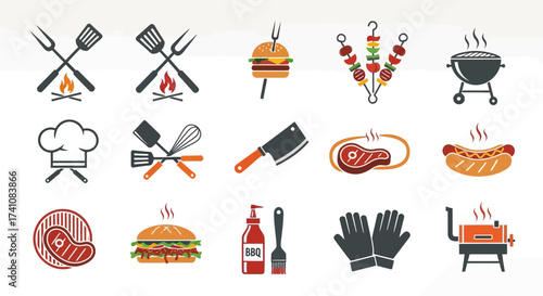 A collection of barbecue and grilling icons, showcasing various food and tools.