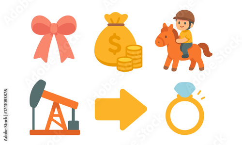 Colorful cartoon icons: finance, horse riding, oil, jewelry, bow, and arrow