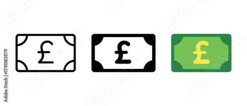 Pound currency icon set in outline, filled, and color styles
