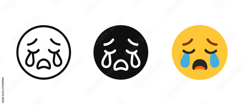 Fototapeta premium Crying face emoji set: outline, silhouette, and color variations