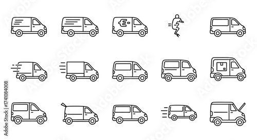 Collection of outline icons depicting delivery vans, including a person jumping and a van with a wrench.