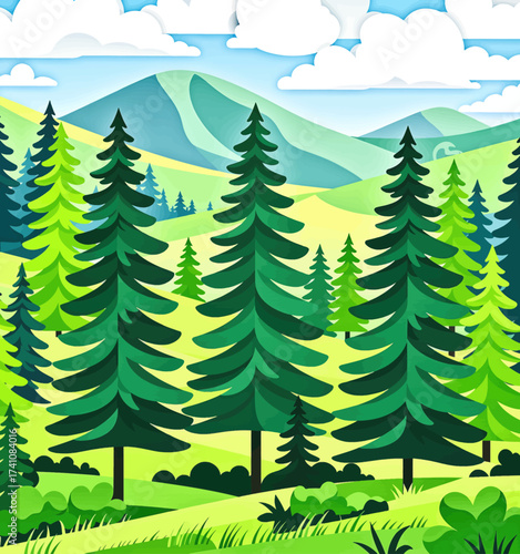 Lush Forest Landscape with Tall Pines and Rolling Hills
