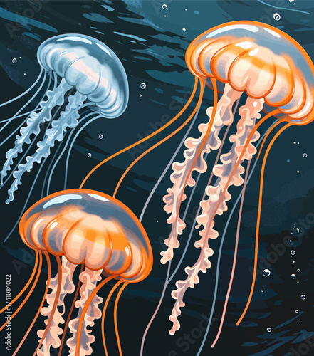 Luminous Jellyfish Dance in Deep Oceanic Night