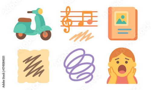 Colorful flat icons: scooter, music notes, passport, scribbles, surprised face