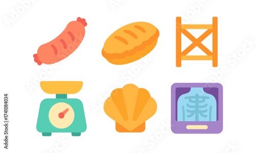 Colorful flat icons of food, scale, shell, and x-ray on white background