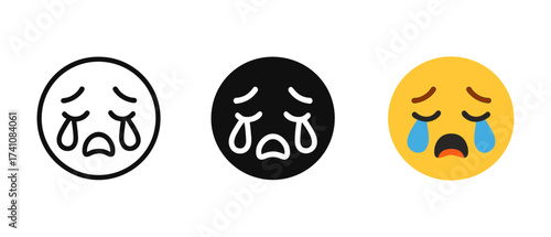 Crying face emoji set: outline, silhouette, and color variations