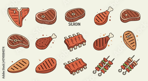 A collection of various grilled meat cuts, including steaks, ribs, and skewers, presented in a flat, illustrative style.