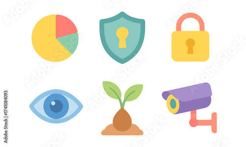 Colorful flat icons: security, growth, and monitoring design elements