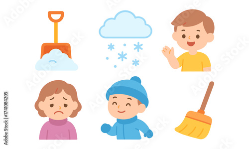 Cute winter characters and icons: snow, shovel, kids, broom, cloud