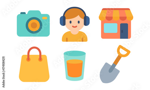 Colorful flat icons of everyday items including camera and headphones
