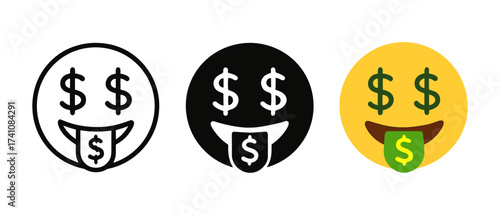 Money face emoji set: outline, silhouette, and colorful versions with dollar signs