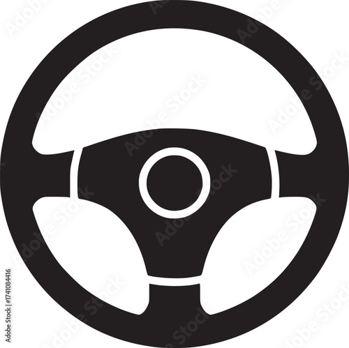 A black steering wheel with three spokes and a central circle on a white isolated background view