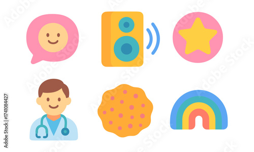 Colorful flat icons: chat, speaker, star, doctor, cookie, rainbow
