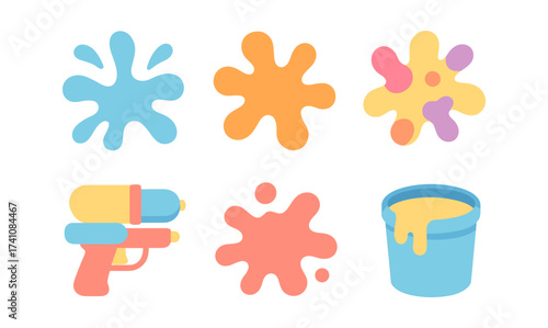 Colorful paint splatters and water toy set in flat design