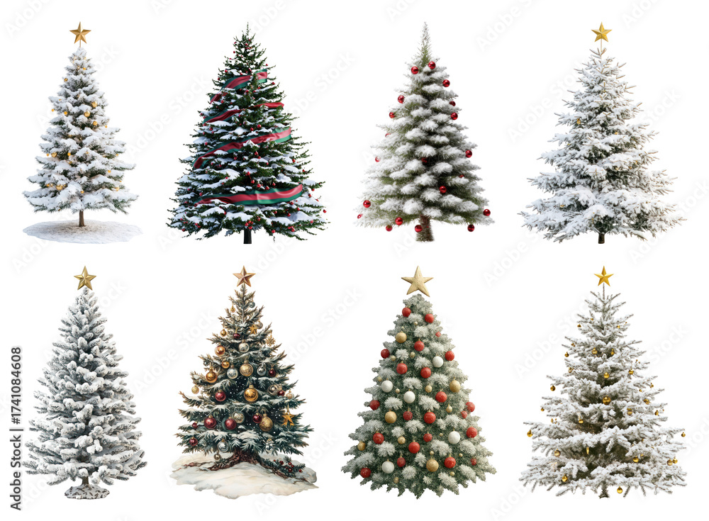 Fototapeta premium PNG Diverse snowy Christmas trees displayed, element set on transparent background
