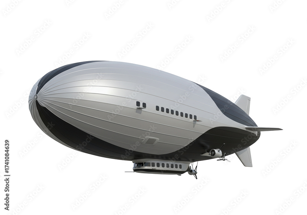Obraz premium Silver and black zeppelin isolated on transparent background, vintage airship PNG format