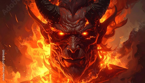 Fiery Demon Portrait: A Terrifying and Intense Depiction of Hellish Inferno