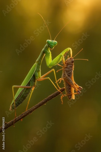 Wallpaper Mural Praying mantis hunting grasshopper on branch in warm evening light Torontodigital.ca