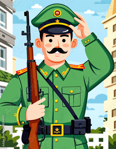 Military Salute in Urban Setting with Green Uniform