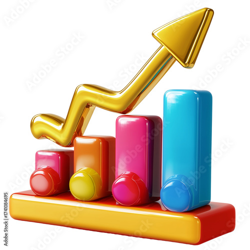 3D Colorful Bar Graph with Upward Arrow on Transparent Background