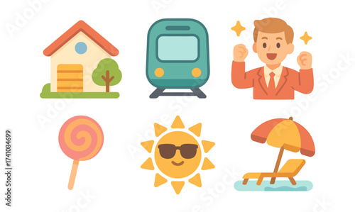 Charming flat design icons of house, transport, cheerful businessman, candy, sun, and beach chair