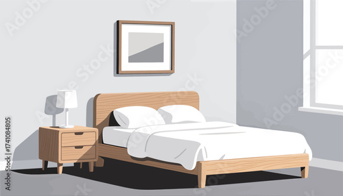 Minimalist Bedroom Serenity with Wooden Furniture and Soft Light