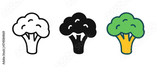 Variety of broccoli icons: outline, silhouette, and colored designs