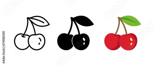 Trio of cherry icons in linear, silhouette, and colorful flat styles
