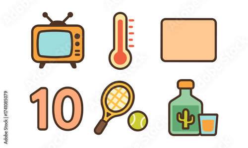 Retro tv, thermometer, rectangular object, number ten, tennis set, cactus drink icons