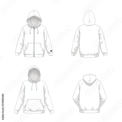 Minimalist Hoodie Designs in Four Views: Front, Back, and Side Perspectives