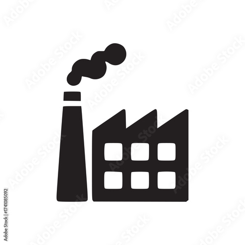 Simple dark blue factory icon with smoke coming out of the chimney on a white background image