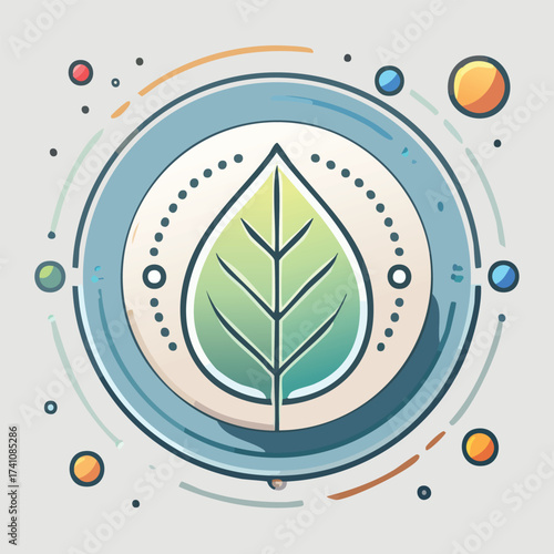 A stylized illustration of a green leaf icon symbolizing nature and ecology, enclosed in a circular frame with abstract orbital elements.