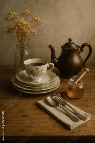 Tea-time still life with floral teacup and honey jar