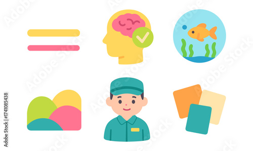 Colorful flat design icons: brain, fish, landscape, worker, palette, align