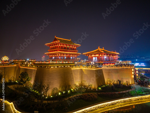 Canvas Print Aerial photography of the night view of ancient buildings in Qinshui City, Zheng