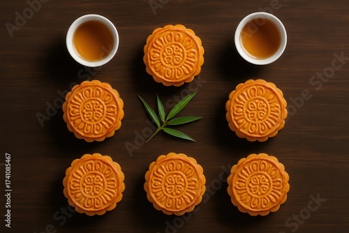 Traditional mooncakes with tea arranged in minimal flat lay on wooden table